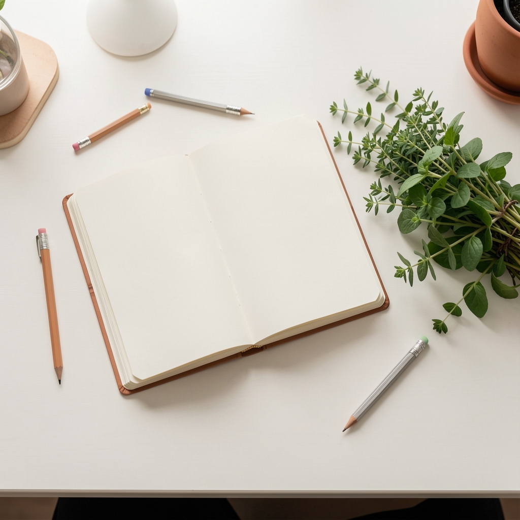 Draufsicht auf einen hellen Arbeitstisch mit aufgeklapptem Notizbuch, Bleistift und frischen Kräutern daneben — dokumentarisches Bild einer ruhigen Arbeitsumgebung