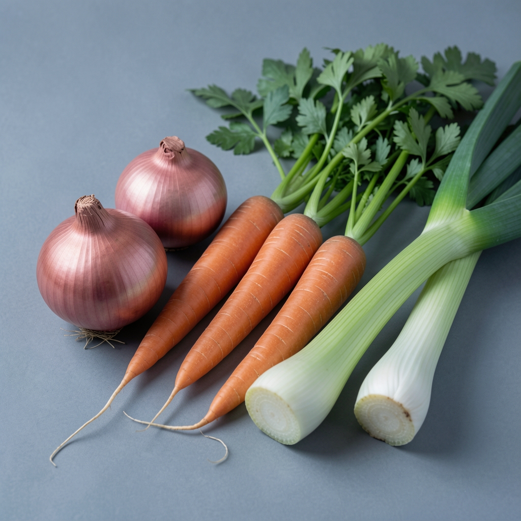 Nahaufnahme einer Auswahl alltäglicher Gemüsesorten — Zwiebeln, Karotten, Sellerie und Lauch auf einer grauen Unterlage in kühlem, gleichmäßigem Licht
