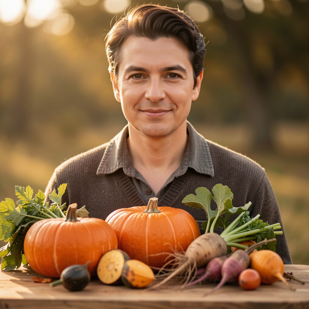 Frisches saisonales Herbstgemüse auf einem Holzbrett — Kürbis, Rote Bete und Wurzeln in warmem natürlichem Licht, dokumentarische Stil