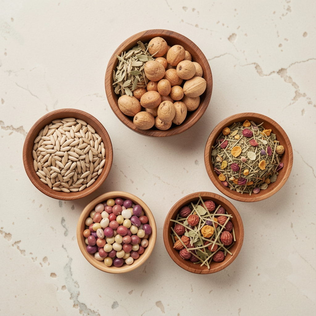 Bunte Vielfalt von Gemüse- und Getreidezutaten typischer Küchen verschiedener Regionen der Welt auf weißem Hintergrund — sachliche Stillleben-Fotografie