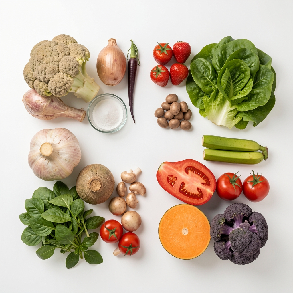 Frisches Gemüse und Obst in ordentlicher Anordnung auf hellem Hintergrund — Draufsicht, Stillleben, gleichmäßiges Tageslicht, dokumentarischer Stil